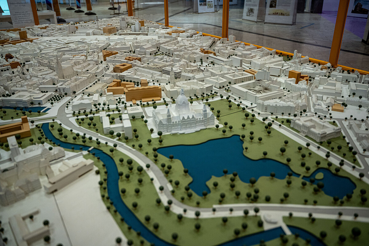 Detailaufnahme eines Modells der Landeshauptstadt Hannover.